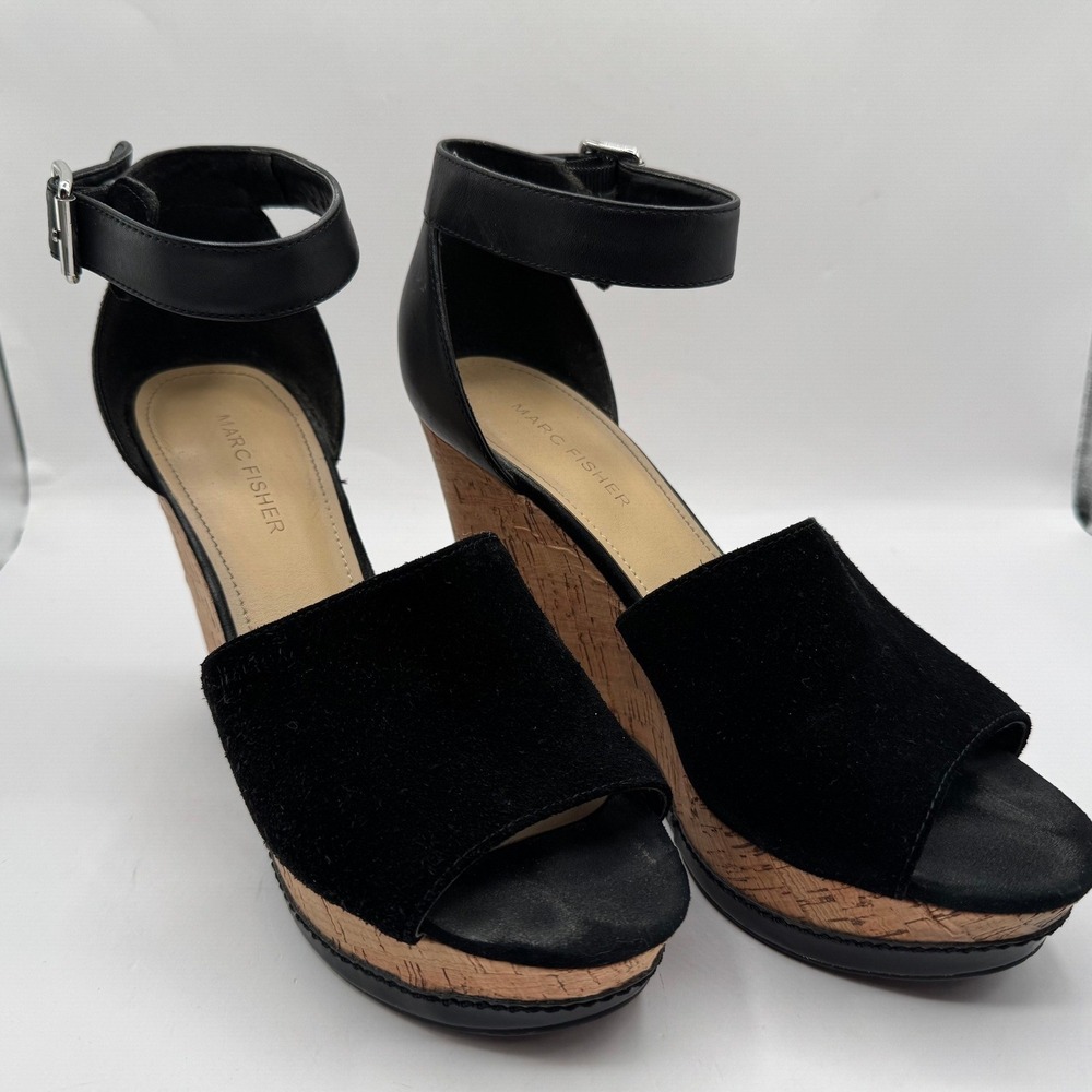Marc Fisher MFHILLORY Wedge Sandals Women Size‎ 8M Black Leather Cork Read